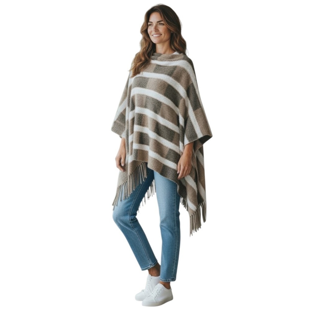 Northern‎ Angel Womens Brown Striped Fuzzy Knit Fringe Poncho Wrap L/XL